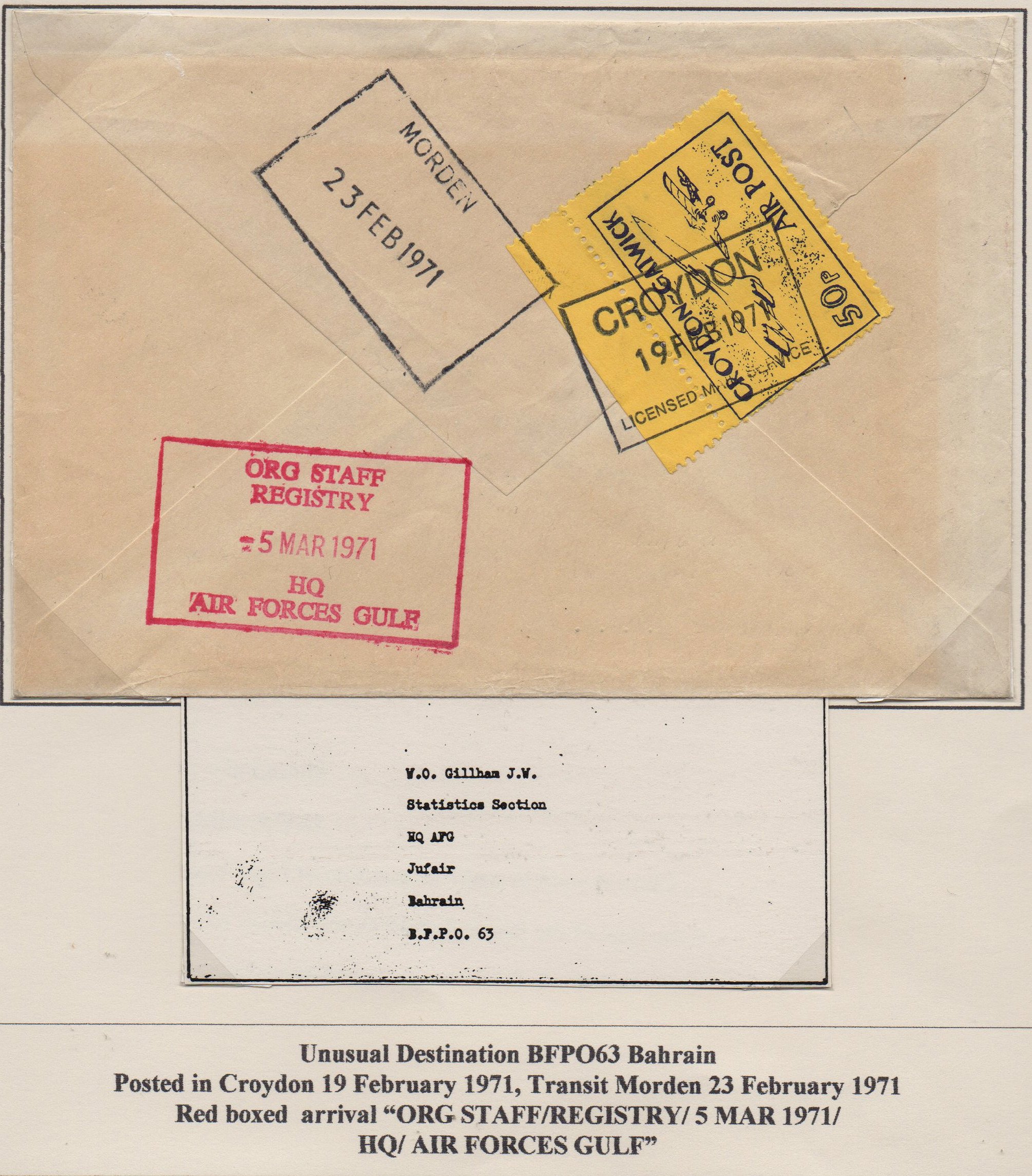 Feb 19th 1971 Croydon Gatwick Strike Post 50p Concorde cover to BFPO Bahrain, transit via Post Office Authorised Emergency Postal Service (Morden, Surrey)